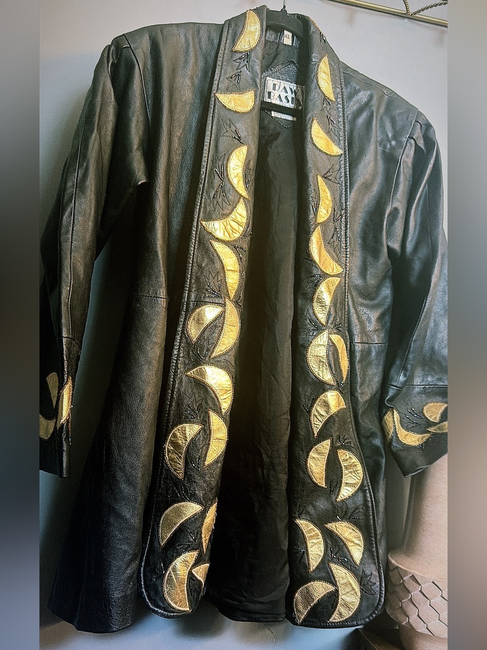 Vintage Genuine Leather Jacket XL Gold Celestial Moon Sun Appliqué